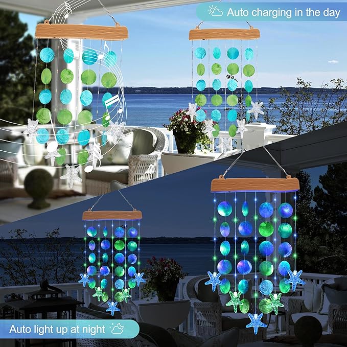 Toodour Solar Wind Chimes for Outside, Birthday Gifts for Women Mom Grandma, Waterproof 2 Modes Shells Solar Powered Outdoor Lights for Patio Holiday Garden Porch Yard Outdoor Decor - Blue & Green