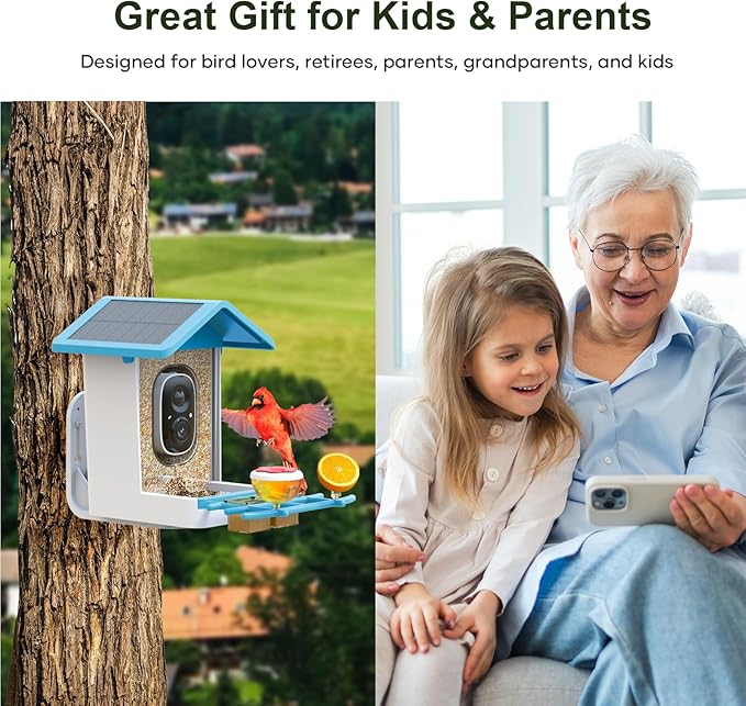 Smart Bird Feeder with Camera: Solar Powered Birdhouse with AI Recognition, Wireless Bird House with Camera for Outdoor, Unique Birthday Gifts for Mom Dad - Blue