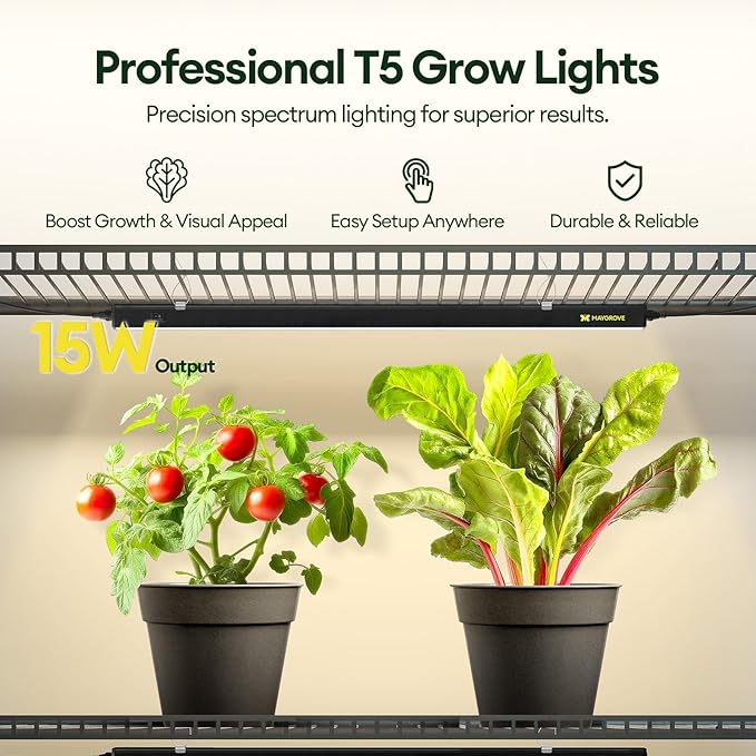 Plant Grow Lights 2FT, Red-Enhanced Full Spectrum 5000K, 60W(4 x 15W), T5 LED Grow Light Strips for Leafy Greens and Vegetables, High PPFD, Linkable, Black, 4-Pack