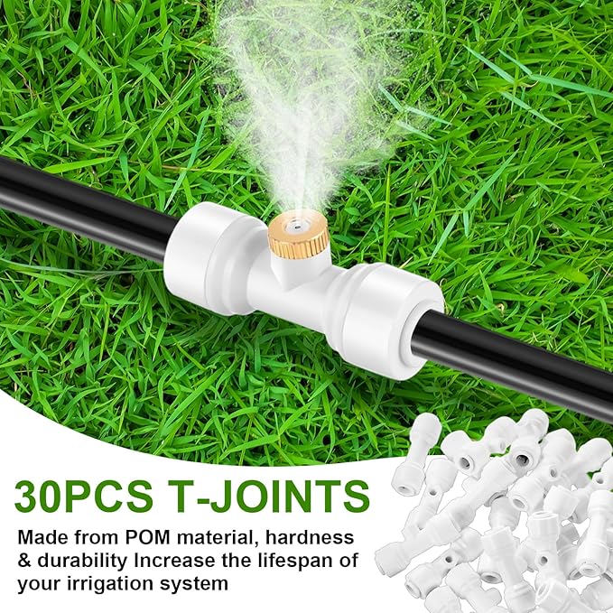 30 Pcs 1/4" Drip Irrigation Tee Connectors for Tube Quick Connect Parts Fittings for 1/4 Inch(6.35mm) Irrigation Tubing or Sprinkler(White,Misting Nozzle)