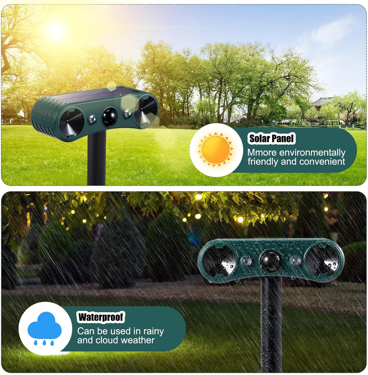 Qualirey 2 Pack Solar Ultrasonic Animal Repellent Outdoor Waterproof Nocturnal Animal Deterrent with Adjustable Motion Sensor Alarm Flashing Light Repel Raccoon Cat Dog Fox Deer for Yard Garden Lawn