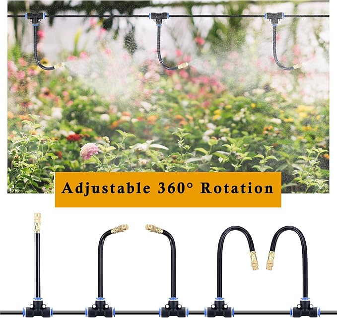 Mornajina Automatic Drip Irrigation Kits Garden Irrigation System, Includes 66FT 5/16 inch Irrigation Tubing Hose & 20Pcs 360° Bending Dropper Atomizing Mist Nozzles Tee for Garden Watering System