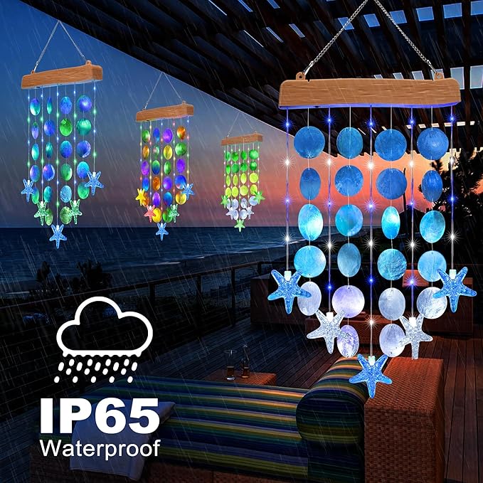 Toodour Solar Wind Chimes for Outside, Birthday Gifts for Women Mom Grandma, Waterproof 2 Modes Shells Solar Powered Outdoor Lights for Patio Holiday Garden Porch Yard Outdoor Decor - White & Blue