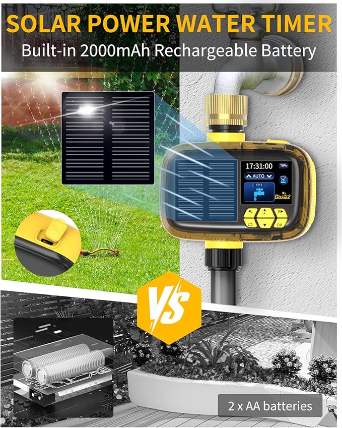 Solar Sprinkler Timer, Hose Timers for Watering - Programmable Water Timer for Garden/Yard, Brass Connector, Manual/Rain Delay Modes Outdoor Irrigation
