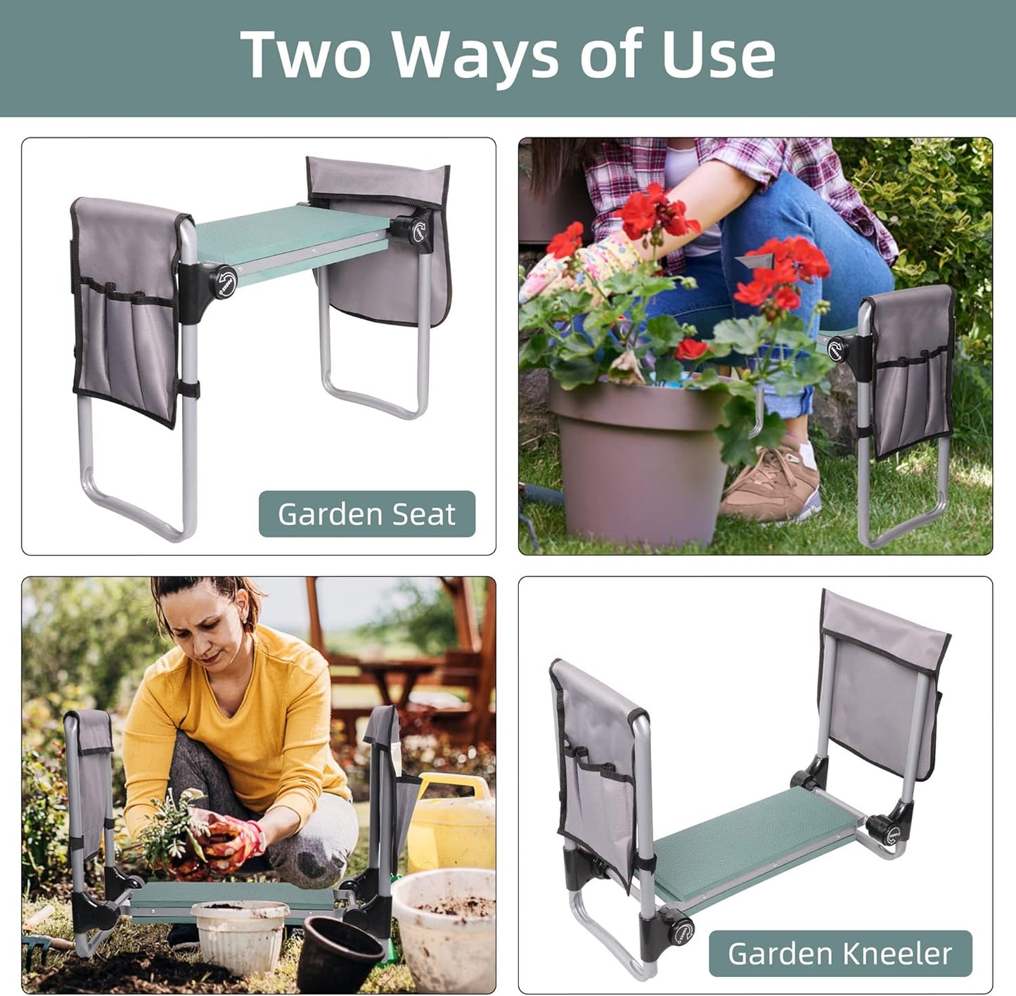 LUCKYERMORE New Generation Garden Kneeler and Seat, Foldable Gardening Stool with 2 Tool Pouches and EVA Foam Pad, Gardening Gifts for Parents Seniors, Lightweight & Heavy Duty, Green