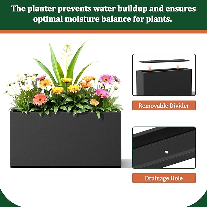 Large Rectangle Planter Metal Black Planter Box with a Drainage Hole and a Removable Divider Indoor Outdoor Porch Pots for Tall Plants, Trees, Flowers 32.01" x 10"x 16.26" Black