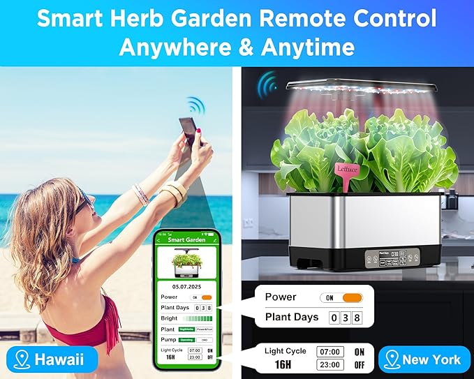 Hydroponics Growing System Indoor Garden, Smart Indoor Herb Garden with Grow Light, in Door Gardening System 8 Pods, APP & WiFi Control, Auto Timer, Quiet Pump, Stainless, Gift for Women Mom, Black