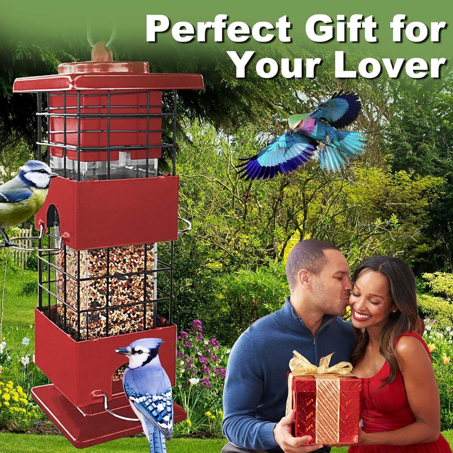 Squirrel Proof Bird Feeder,3Lbs Heavy Duty Metal Bird Feeders for Outdoors Hanging, Gravity-Close Door & Weatherproof Wild Birds Seed Feeder for Cardinal, Finch, Sparrow (Red)