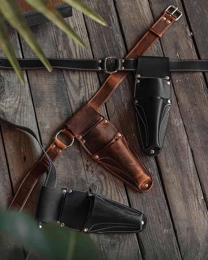 Hori Hori Leather Sheath Belt with Pruner and Scissor Pockets. Personalized Florist Tool Belt Leather, Gardening Belt with Pockets. (Black/Grey, One Size - Adjustable)