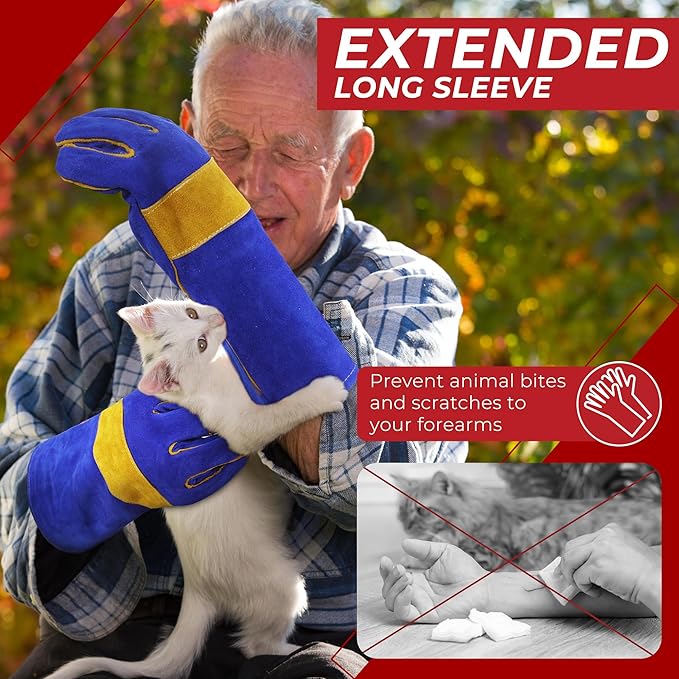 HANDLANDY Animal Handling Gloves, Falconry Cat Glove Bite Proof, Thorn Proof Rose Pruning Gardening Gauntlets (Royal blue, 14 Inches)