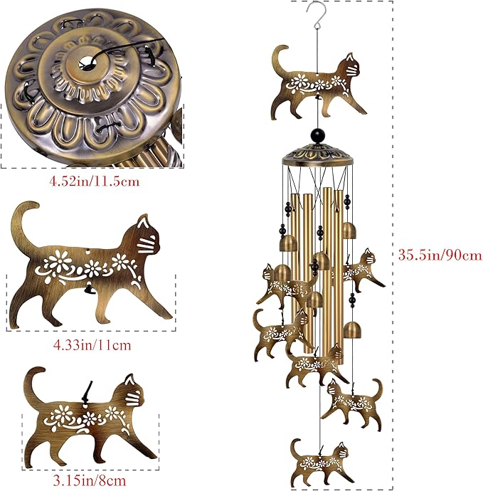 Outside Cat Wind Chime Decor, Memorial Wind Chimes, Cat Wind Catcher, Mobile Wind Bells, Bronze Wind Chimes for Home, Yard, Patio, Garden Cat Decoration, Festival Gifts for Mom, Cats Chimes