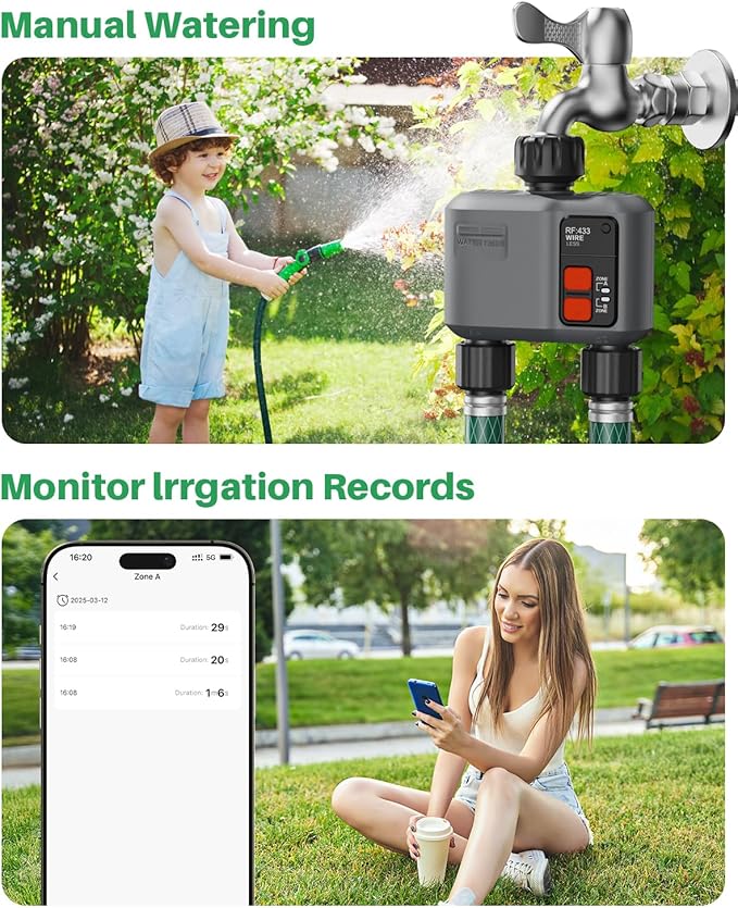 WiFi Sprinkler Timer 2 Zone with 984 Feet RF Gateway, 2 Outlet Smart Water Timer for Garden Hose with Rain Delay/Manual/Automatic,WiFi Water Hose Timers for Garden & Lawns