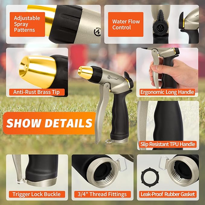 AUTOMAN Garden Hose Nozzle - 100% Metal High Pressure Spray Nozzle, Adjustable Spray Patterns, Labor-Saving, Heavy Duty for Garden Watering, Car Washing, Window Cleaning, Pets Showering