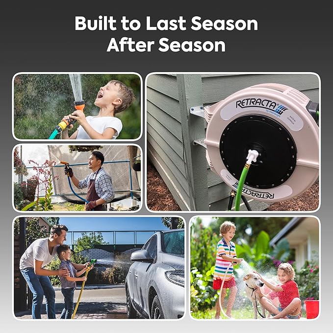 Macnaught Retractable Garden Hose Reel, 82 Ft Water Hose Reel Heavy Duty Retractable Hose with Metal 180° Swivel Rotation Bracket for Wall Mount - Beige