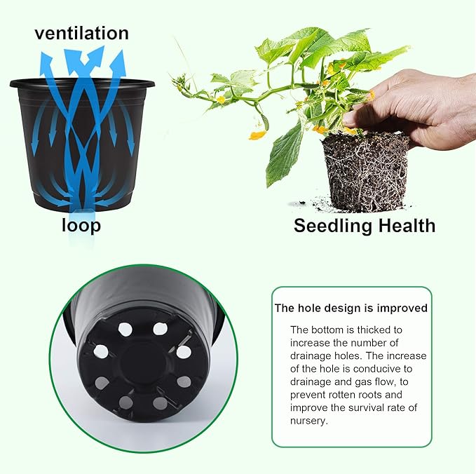 Augshy 50 Pcs 0.5 Gallon Black Plastic Plant Nursery Pots 6 Inches Seed Starting Pots Containers with 50 Labels