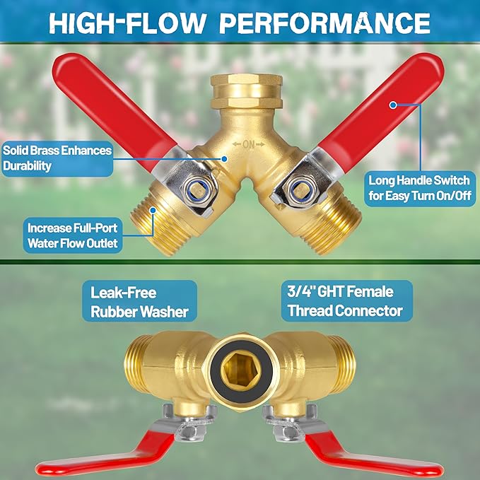 Hose Splitter 2 Way Heavy Duty, Upgrade Full Flow Brass Garden Hose Splitter Connector, Outdoor Water Spigot Splitter with Long Handle, Y Valve 3/4 Inch GHT Thread