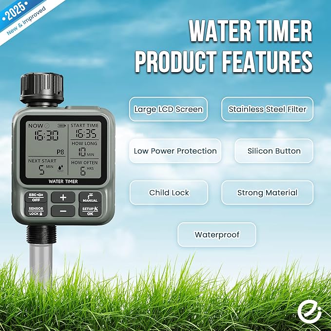 Water Timer for Garden Hose - Large LCD Display, Sprinkler Timer | Programmable Water Hose timer for Automatic Watering System | Irrigation System for Garden, Lawns, Greenhouses, Backyard