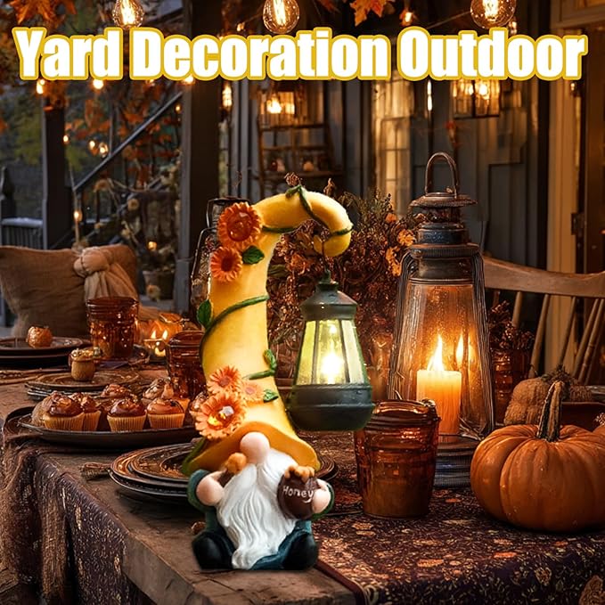 Thanksgiving Decorations for Home Porch 12" Solar Sunflower Gnome Garden Statues Honey Bee Jar Decor with LED Lantern Outdoor Gnomes Decorations Patio Yard Balcony Art Birthday Gifts for Mom Grandma