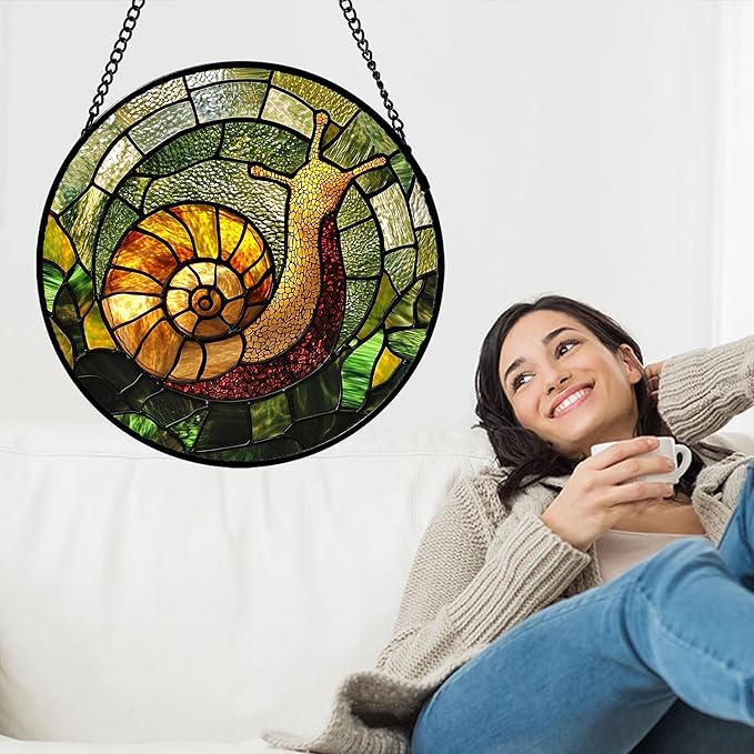 Stained Glass Window Hanging, Green Orange Snail Sun Catcher for Door Home Decor Suncatcher Christmas Mother's Day Birthday Gifts for Women Men Mom and Nana 7.8 in