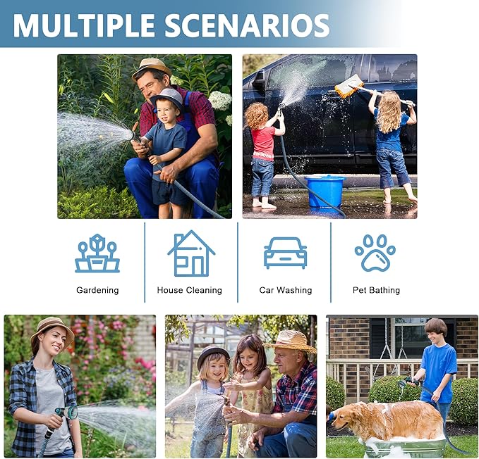 100 ft Expandable Garden Hose -2025 Newly Upgraded Expanding Water Hoses with 10 Function Spray Nozzle, Extra Strength Fabric, Leak-Proof, Lightweight, Kink-Free Flexible Retractable Hose(Gray Blue)