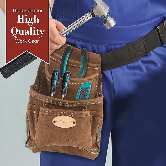 Style n Craft 10-Pocket Carpenter’s Nail and Tool Pouch, Heavy-Duty Suede Leather Pouch, Dark Tan (88923)