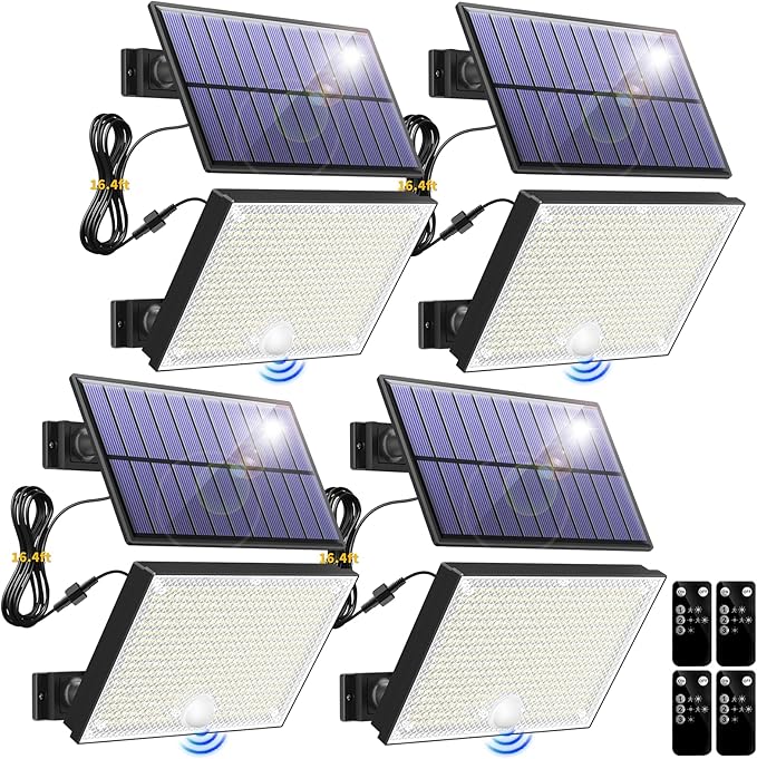 400LED Solar Lights Outdoor,3 Modes & Remote Control Motion Sensor Outdoor Light,IP67 Waterproof Solar Flood Lights for Garden, Garage, Patio, Pathway (4 Pack)