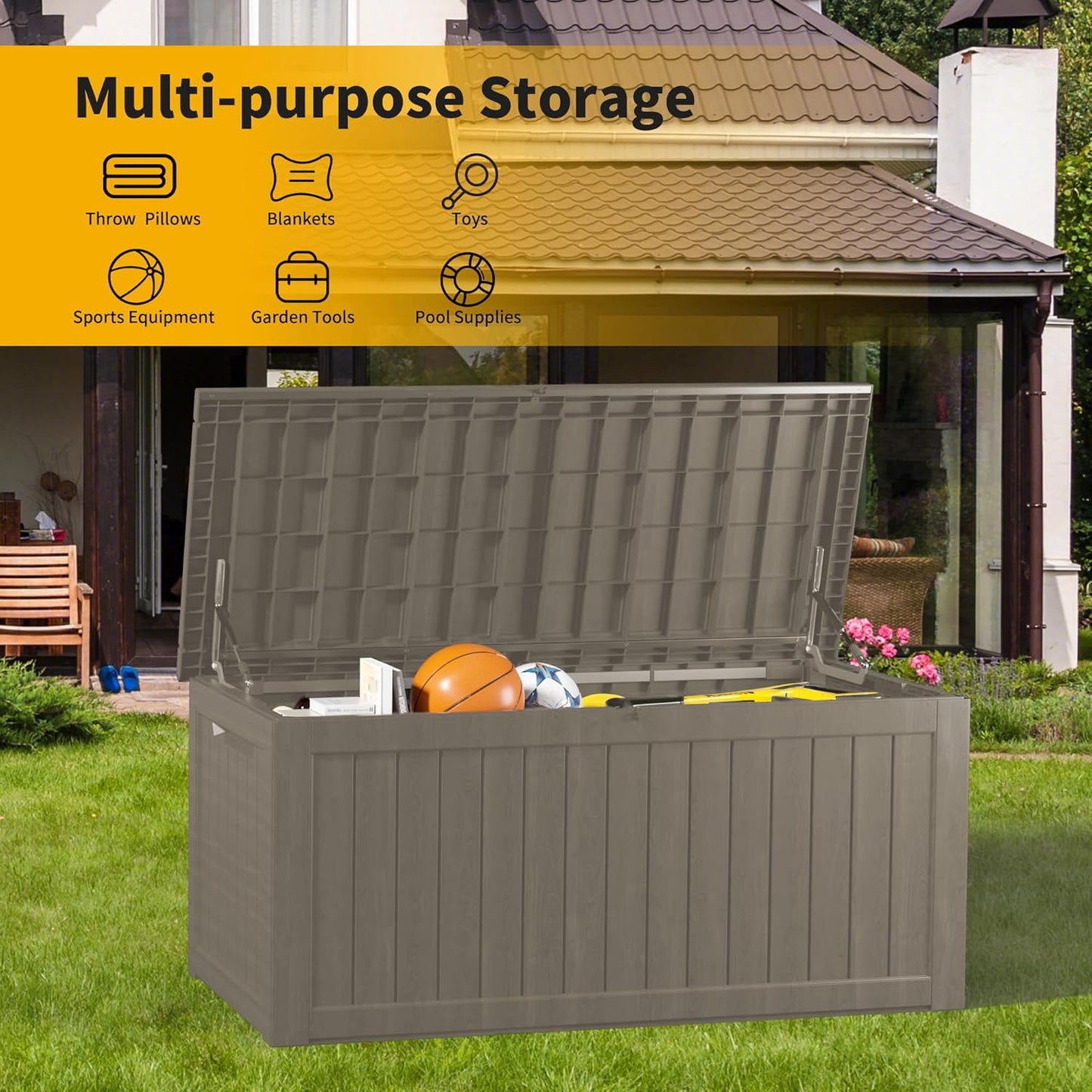 TARKARI 270 Gallon Lockable Resin Deck Box, Waterproof & UV-Resistant Outdoor Storage Box for Outdoor Cushion Storage, Garden Tools & Pool Accessories Storage, Gray