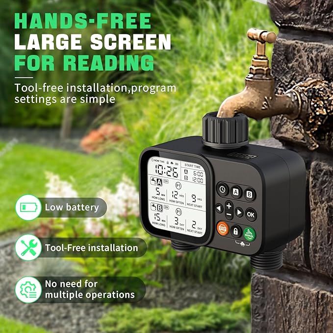 2 Zone Sprinkler Timer for Garden Hose, 8 Programmable Hose Water Timer with Auto Rain Delay, 3.3โ Large LCD Display Digital Irrigation System for Plant, Yard, Lawns, Outdoor