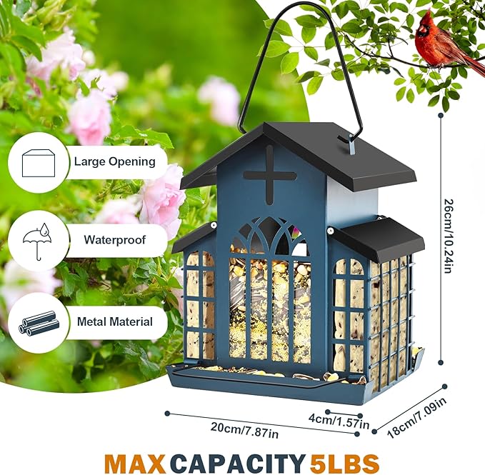 5LB Church Metal Hanging Bird Feeder for Outdoors, Weatherproof Suet Feeders for Outside Hanging, Large Bird Feeders Great for Attracting Finch, Woodpecker and More Wild Birds-White