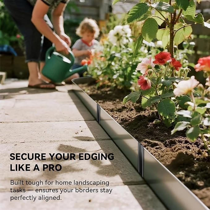 26Pcs Metal Landscape Edging Stakes, 12Inch Galvanized Steel Garden Stakes Top Curved Corrugated Landscaping Anchoring Spikes for Yard, Black