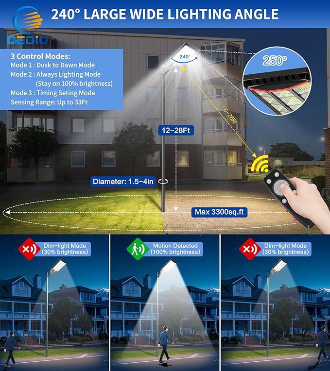 CEDIO Outdoor Solar Street Lights, Solar Lights IP66 Waterproof LED Street Light Dusk to Dawn, Flood Light with Motion Sensor for Yard (8500W-1PACK)