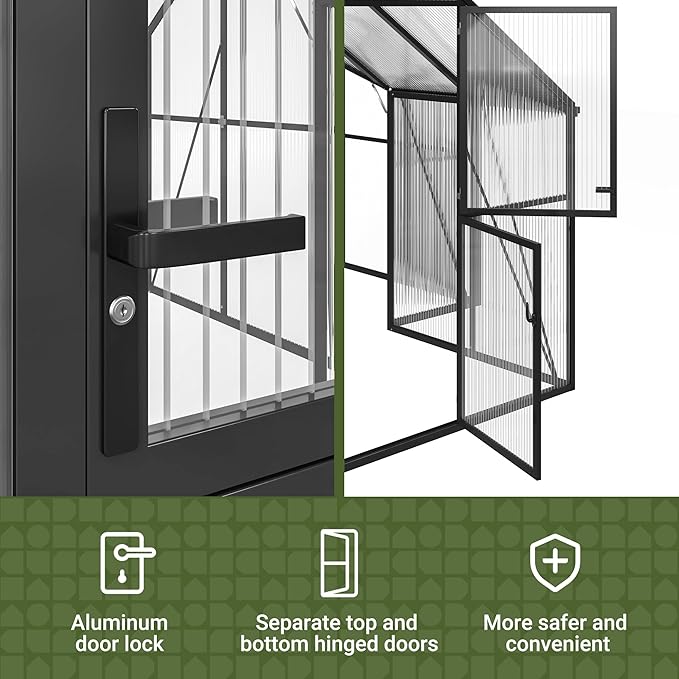 VIWAT T-Shape 12x12 FT Greenhouse for Outdoors, Polycarbonate Greenhouse with Quick Setup Structure, Double Roof Vents and Doors, Aluminum Walk-in Green House for Outside for Backyard Garden, Black
