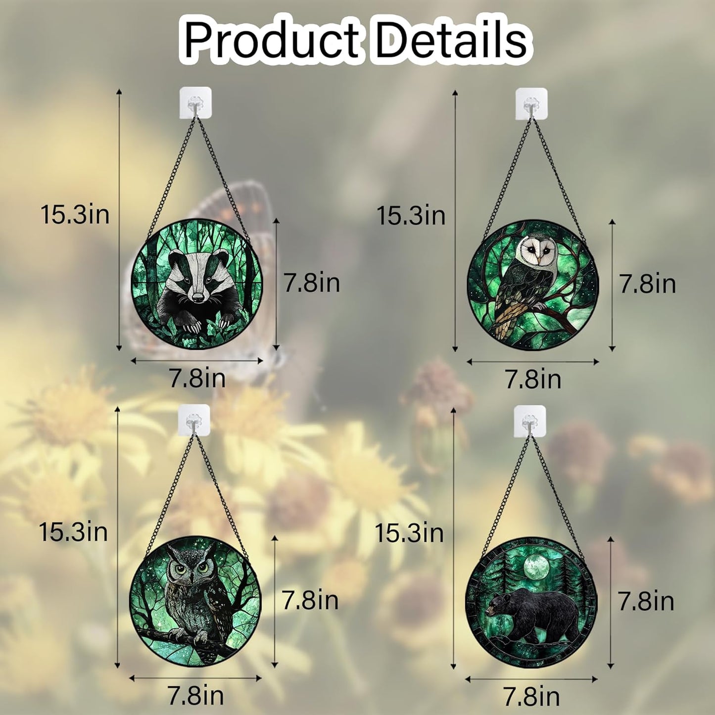 Stained Glass Window Hanging 4 Pcs Set Green Forest Night Sky Wildlife 7.8" - Suncatcher Door Garden Sun Catcher Decor Birthday for Mom Woman Nana Men Friend