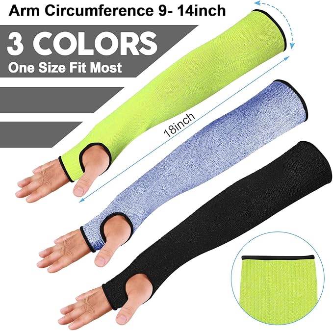 JaGely 6 Pairs Level 5 Cut Resistant Sleeves with Thumb Hole 18 Inches Arm Protection Sleeve Farmer Gardening (Black,Blue,Green)