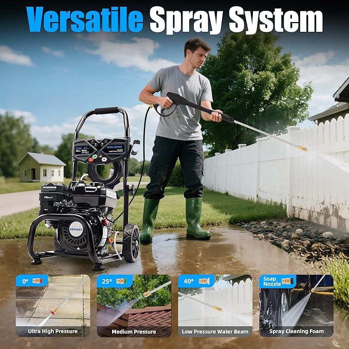 3500 PSI Gas Pressure Washer, 2.3 GPM โ Heavy Duty High Power with 209CC 7HP Engine, 25Ft Pressure Hose, Axial Aluminum Pump, Soap Tank, 4 Quick Connect Nozzles (Black)