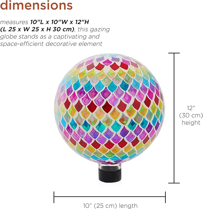 Alpine Corporation - Outdoor Glass Gazing Globe with Mosaic Teardrop Design -10 Inch Diameter, Multicolor