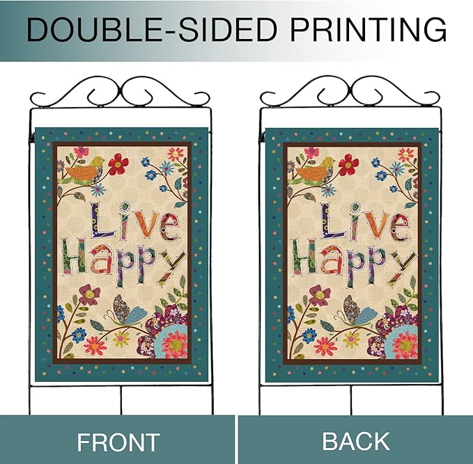 Hzppyz Live Happy Decorative Large House Flag Flower Bird, Spring Summer Inspirational Quote Garden Yard Outdoor Butterfly Decor Double Sided, Fall Positive Farmhouse Outside Burlap Decoration 28 x 40