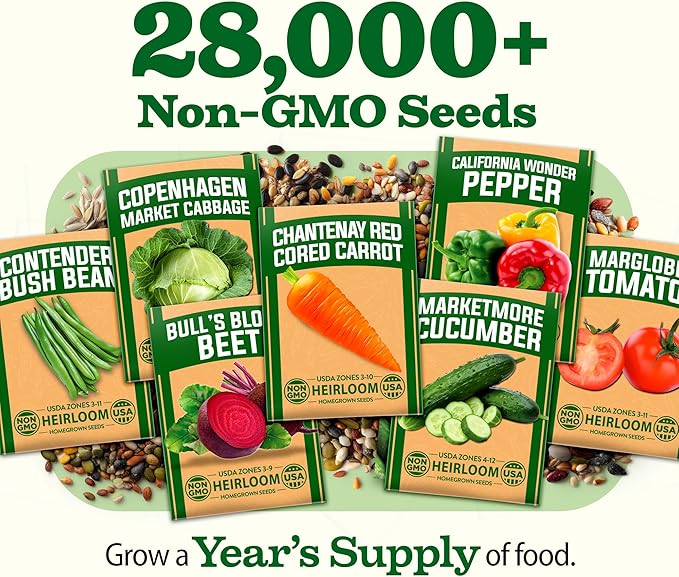 HOME GROWN π¨π¦π π£π₯ππ ππ¨π  55 Vegetable Seeds Pack 28,000+ Non-GMO Heirloom Seeds for Planting Vegetables, Survival Seed Vault, Garden Kit for Spring Fall Winter, Gift for Gardeners