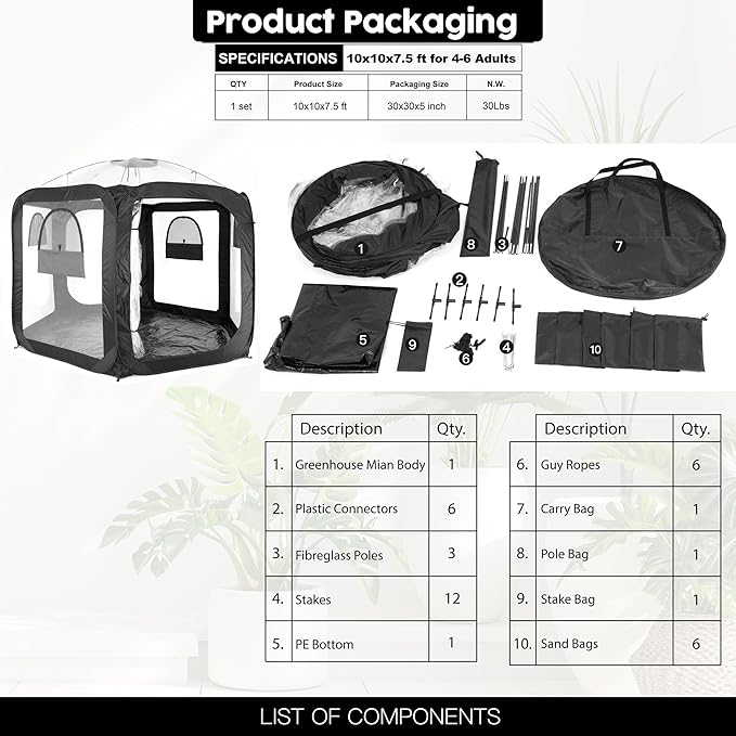 Porayhut Pop Up Greenhouse Tent,Portable Large Walk-in Plant House 10’X10’ ,Indoor Outdoor Gardening Plant Sunshine Room with PVC Mesh Cloth Cover for Protecting Plant from Cold Frost & Birds