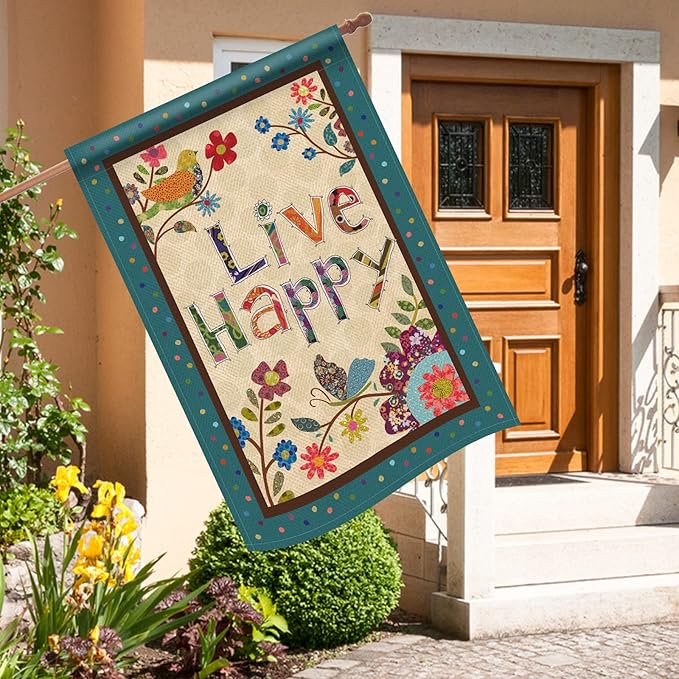 Hzppyz Live Happy Decorative Large House Flag Flower Bird, Spring Summer Inspirational Quote Garden Yard Outdoor Butterfly Decor Double Sided, Fall Positive Farmhouse Outside Burlap Decoration 28 x 40