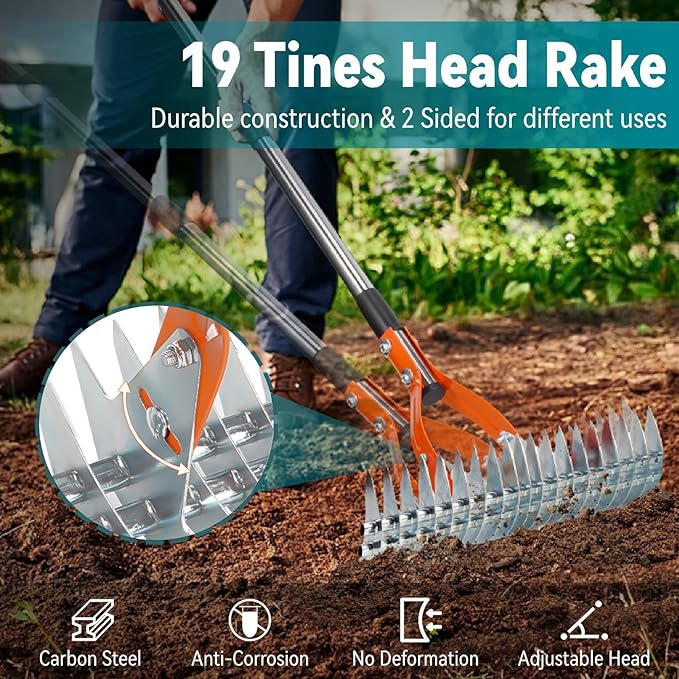 Thatch Rake for Lawns, Yofidra 15" Heavy Duty Metal Dethatcher Rake with 5FT Handle, 70’’ Adjustable Manual Thatcher with 19-Tine for Lawn Loosening Soil, Yard and Removing Dead Grass