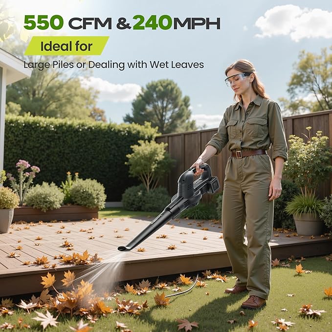 Battery Leaf Blower 550 CFM 240 MPH, Electric Leaf Blower Cordless with 2X 6000mAh Battery, Lightweight, High Power, Portability, Lawn Blower for Gardeners of All Abilities