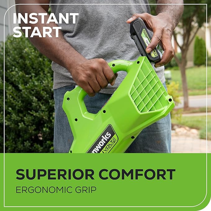 Greenworks 24V (90 MPH / 320 CFM / 150+ Compatible Tools) Cordless Axial Leaf Blower, 2.0Ah Battery and Charger Included