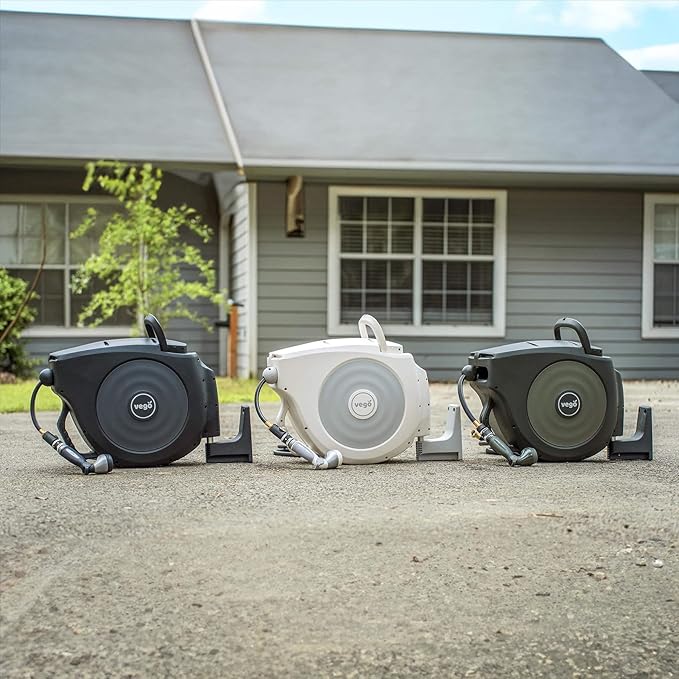 Garden Hose Reel Retractable 1/2" x 130ft Wall Mounted Hose Reel Automatic Rewind, Any Length Lock with 9 Patterns Sprayer Nozzle, Quick Connector and Adjustable shot Nozzle- Cloud White