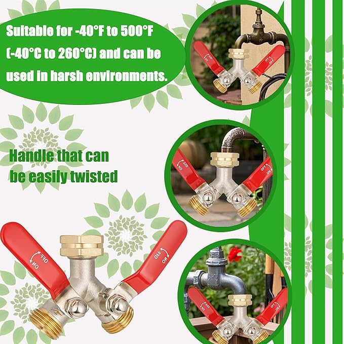 EJW Hose Splitter 2 Way, Heavy Duty Brass Garden Hose Splitter, Garden Hose Y-Valve Splitter, Full Flow Hose Splitter Connector, 3/4 Inch GHT Thread,Garden Hose Adapter 2 Way. longhand