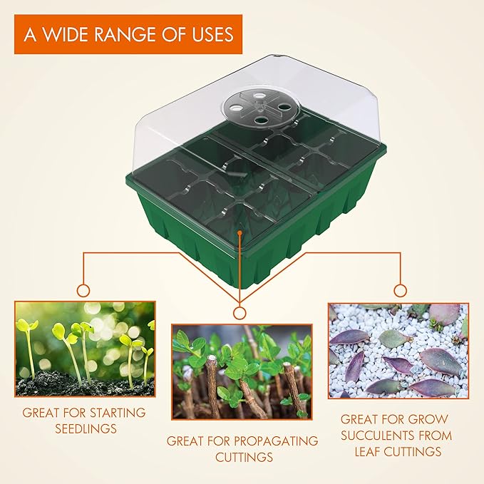 Gardzen 10-Set Garden Propagator Set, Clear Seed Tray Kits with 120-Cell, Seed Starter Trays with Dome and Green Base 6.6" x 4.5" (12-Cell Per Tray)