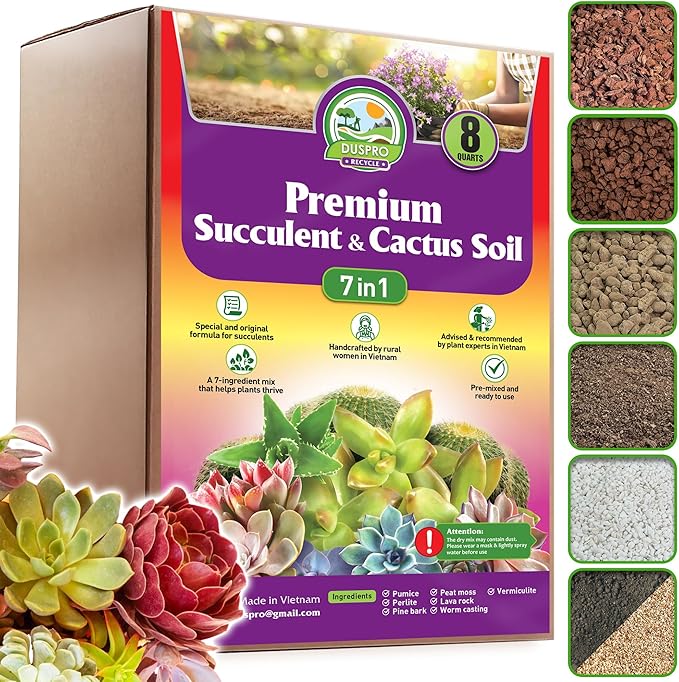 DUSPRO Succulents Soil Potting Mix โ 7 in 1 Ingredients Well-Draining, Nutrient-Rich Cactus Potting Soil for Succulents and Cacti, Indoor & Outdoor Use, Ready to Use, Supports Healthy Root Growth, 8QT