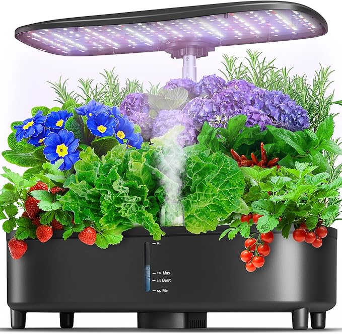 Hydroponics Growing System Kit 15 Pods Misting Herb Garden Indoor Garden Indoor Gardening System 5L Water Capacity 48W Grow Light Gardening Gifts for Women House Warming Gifts New Home (Black)
