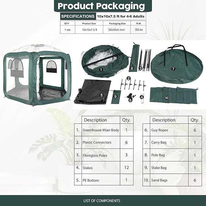 Porayhut Pop up Greenhouse Tent,Portable Large Walk-in Plant House 10’X10’ ,Indoor Outdoor Gardening Plant Sunshine Room with PVC Mesh Cloth Cover for Protecting Plant from Cold Frost & Birds