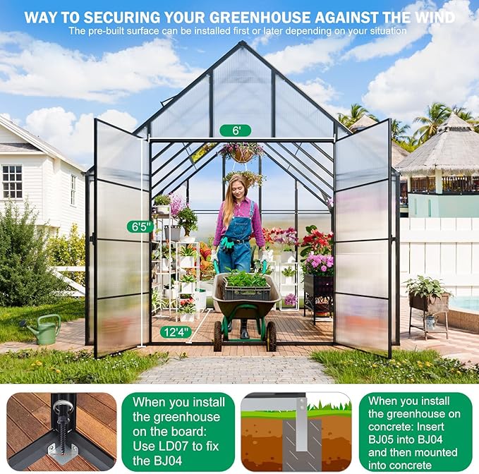 CDCASA 12x10x10 FT Greenhouse for Outdoors, Easy Assembly Large Aluminum Heavy Duty Polycarbonate Greenhouses Kit w/2 Windows, Swing Door, Outsides Walk-in Green House Sunroom for Backyard Garden
